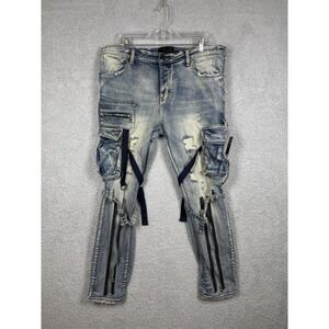Valabasas Jeans Mens 38 Cargo Pocket Streetwear Button Fly Zip Leg Strap Accents